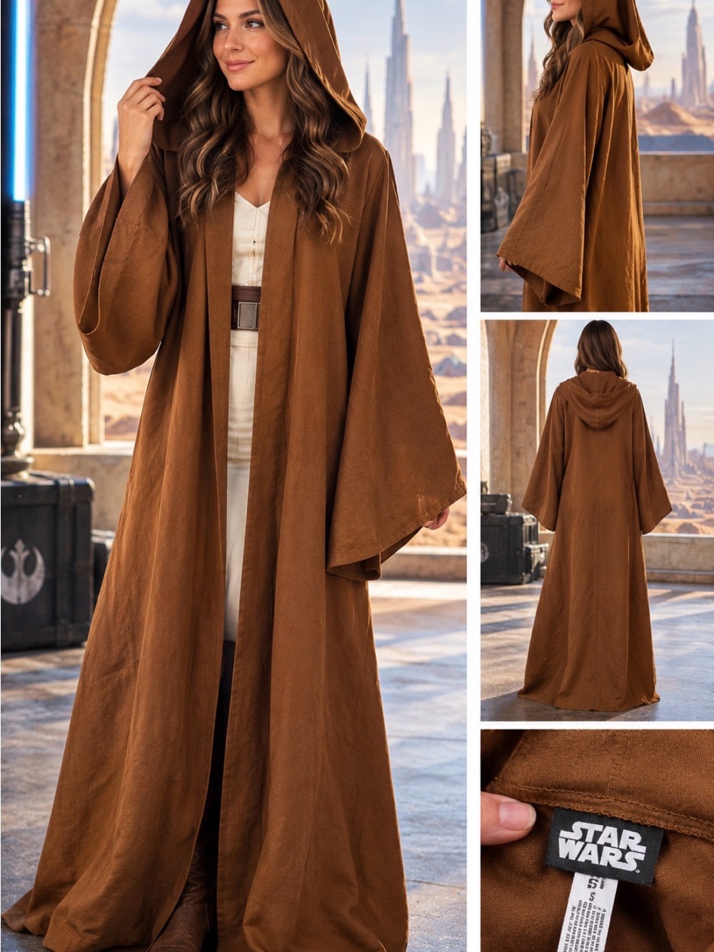 Star Wars Brown Jedi Robe Hooded Cloak Costume Cosplay Halloween Adult